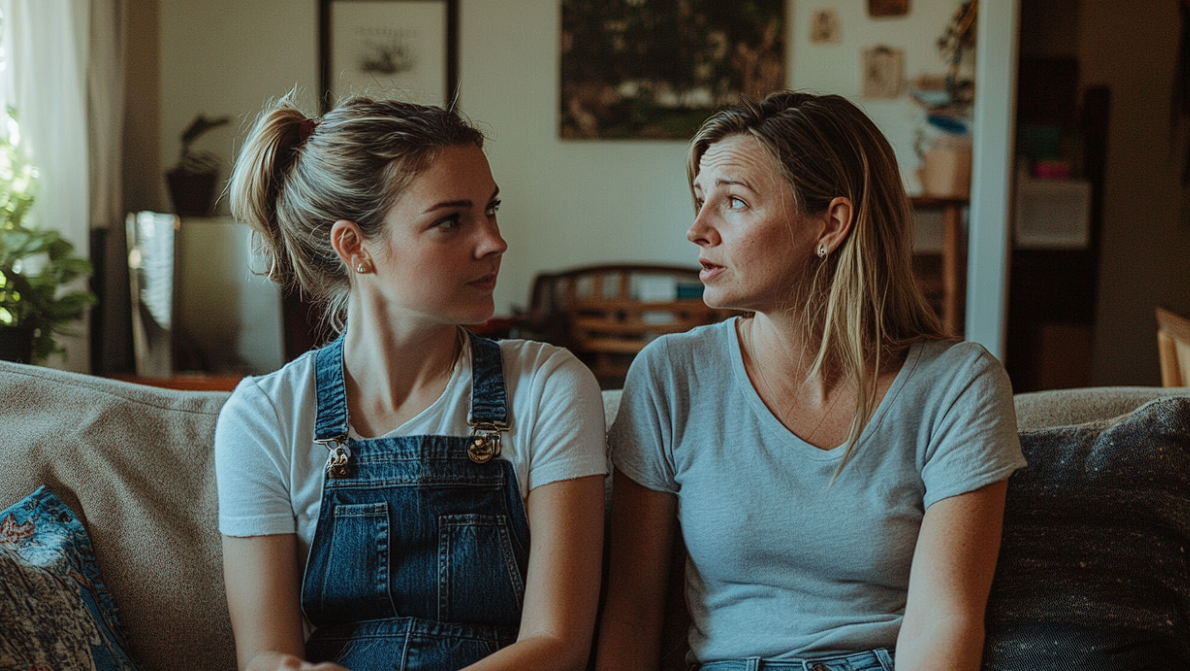 Dos mujeres manteniendo una conversación seria | Fuente: Midjourney