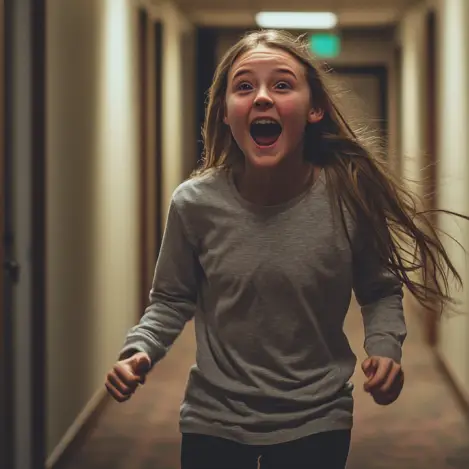 Una adolescente corre excitada por un pasillo, llamando a alguien que no ve | Fuente: Midjourney