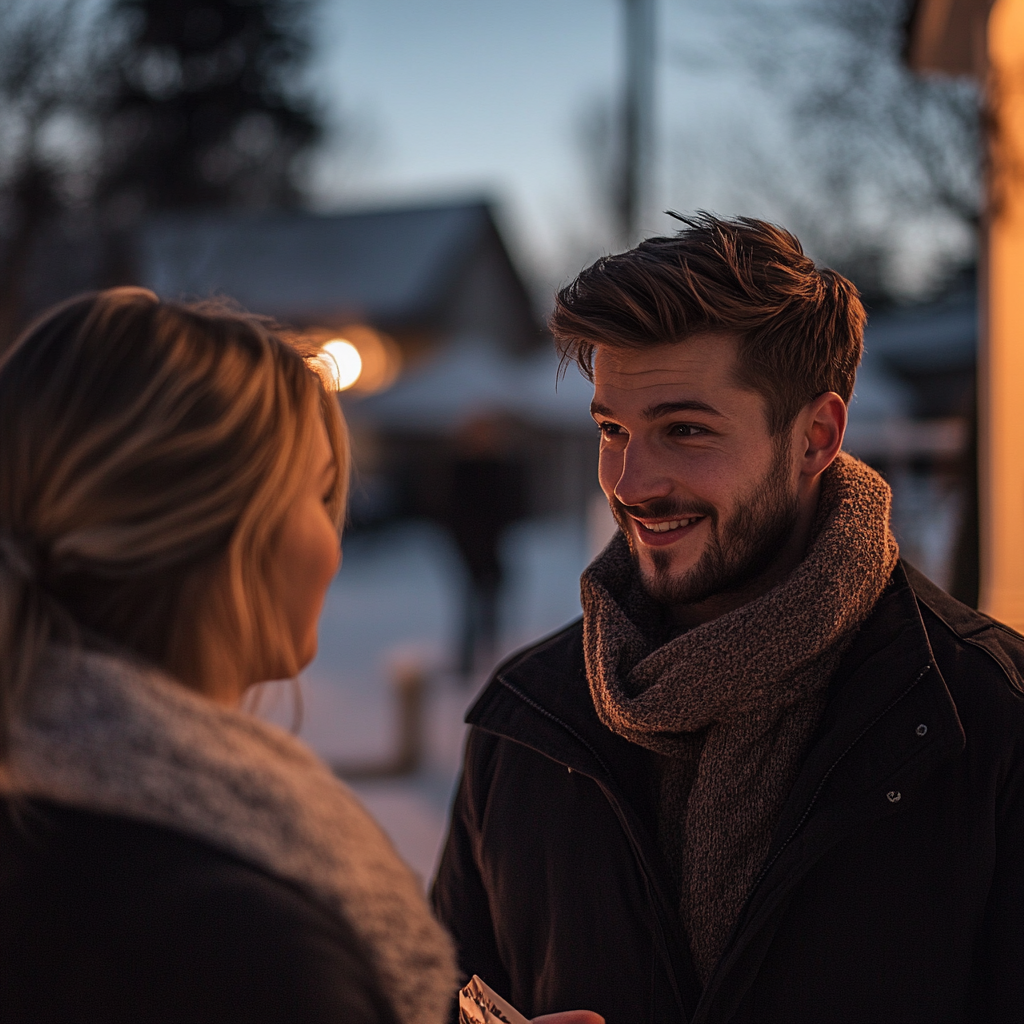 Un hombre hablando con una mujer en una feria de Navidad | Fuente: Midjourney