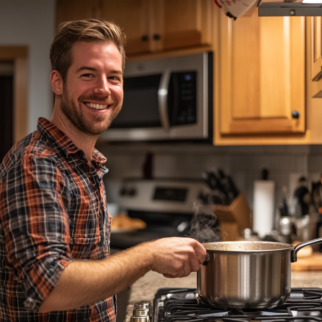 Un hombre sonríe mientras cocina en la cocina | Fuente: Midjourney