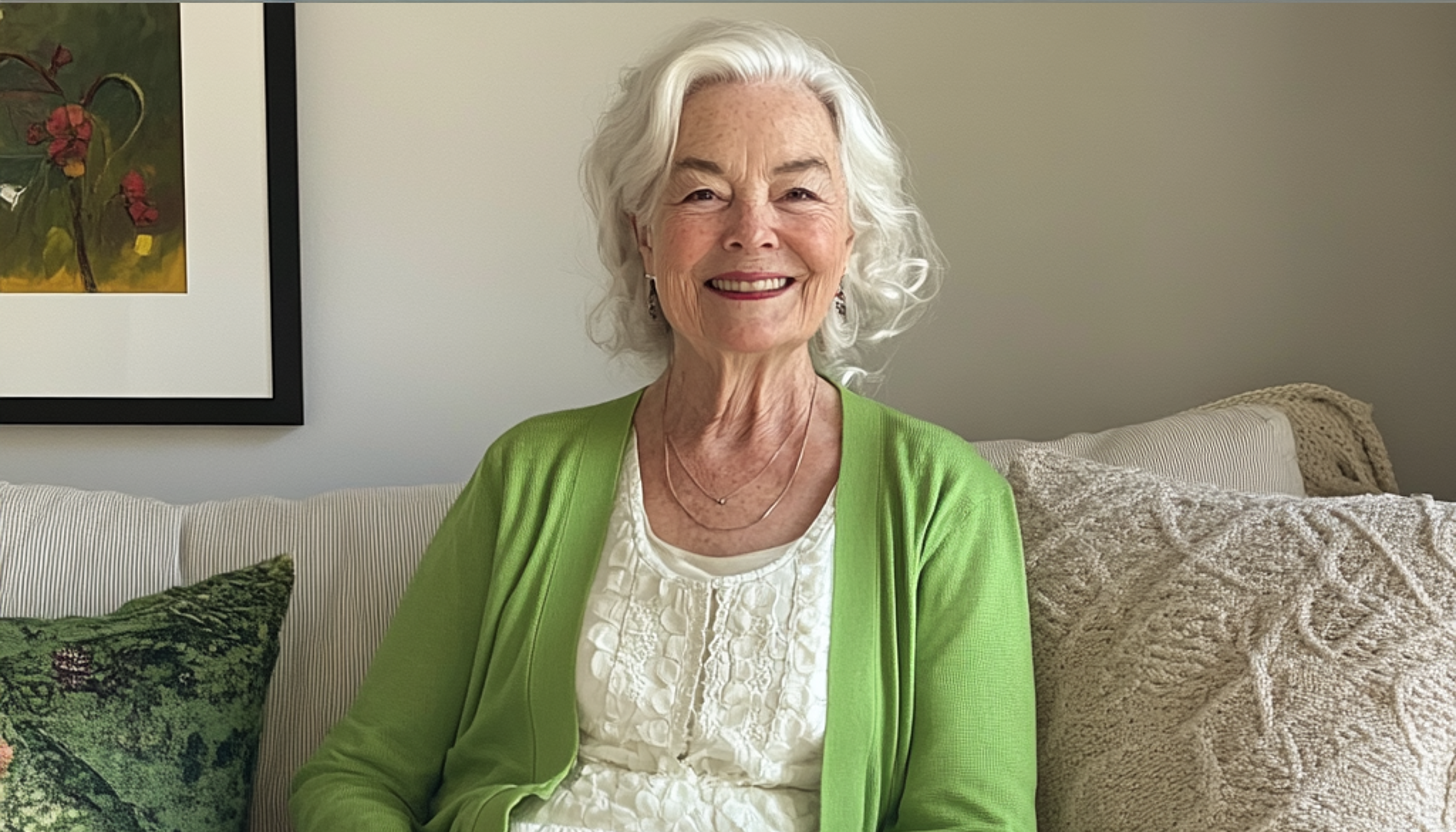 Una anciana sonriente sentada en un sofá | Fuente: Midjourney