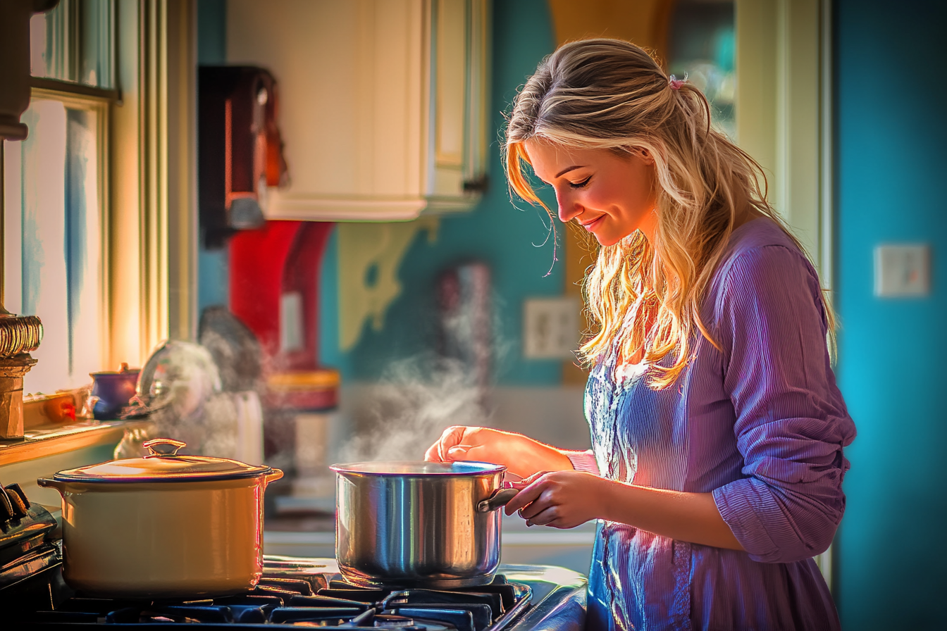 Una mujer sonriendo mientras cocina | Fuente: Midjourney