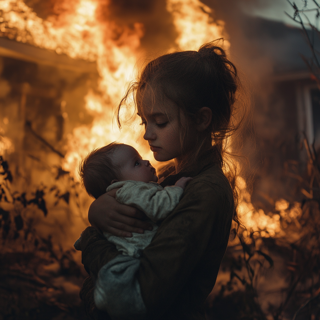 Niña rescatando a un bebé de una casa en llamas | Fuente: Midjourney