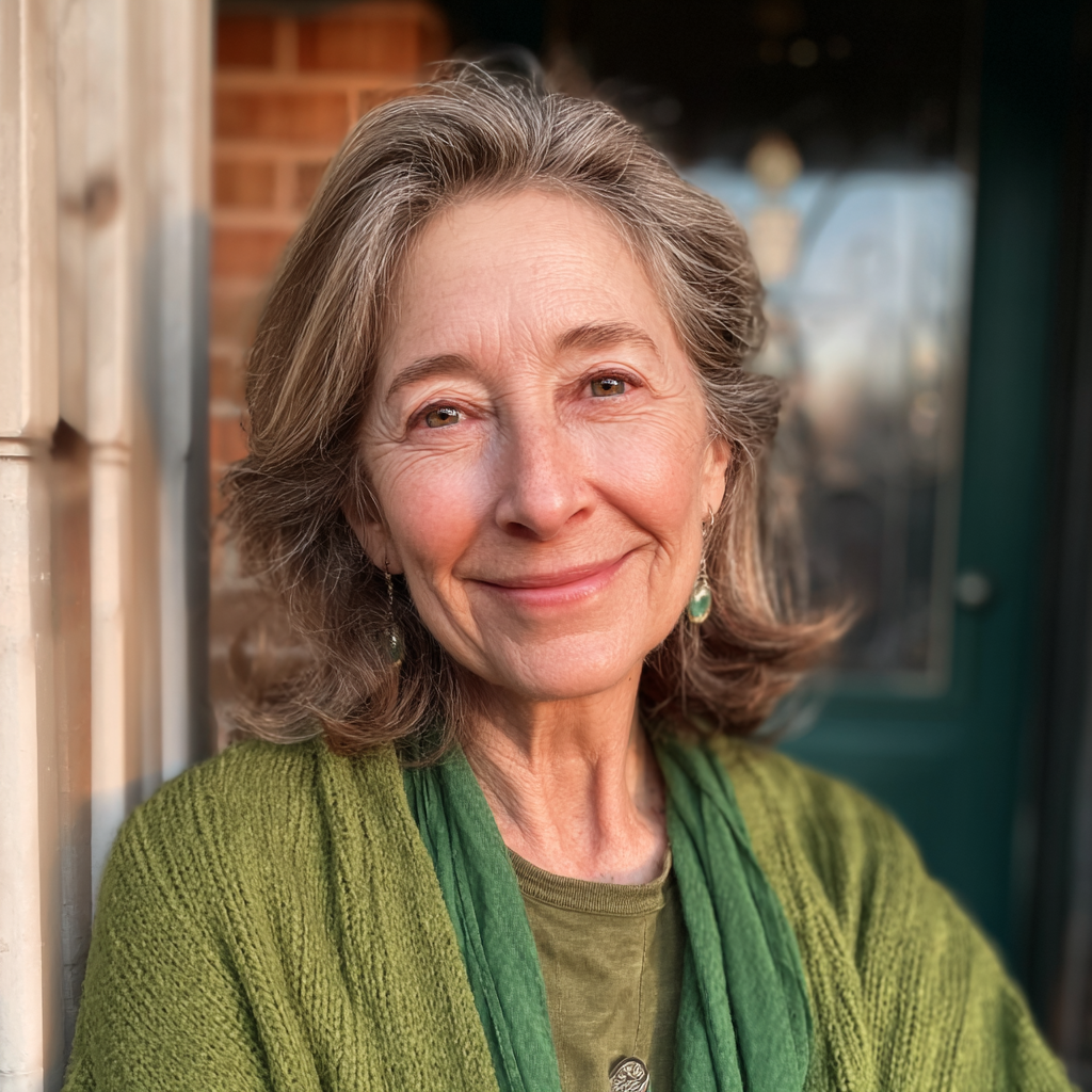 Una donna sorridente in piedi su un portico | Fonte: Midjourney