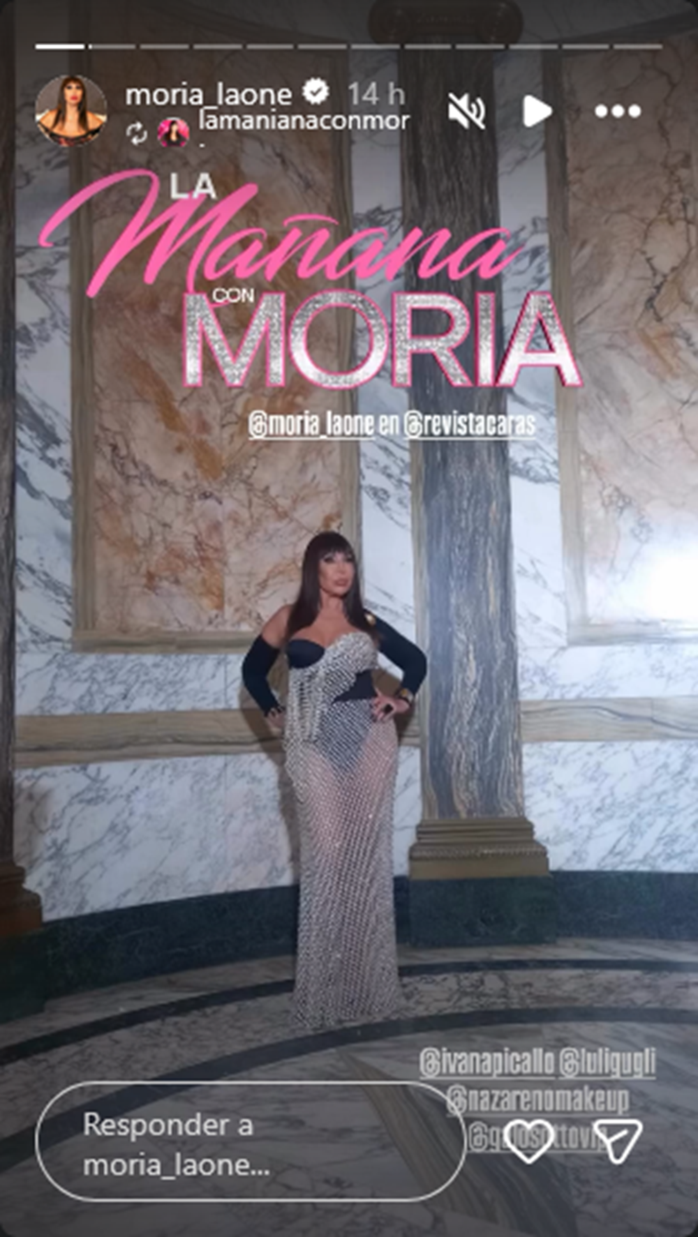 Moria Casán posando con su traje para la Gala de Caras 2026 | Fuente: Instagram Stories/moria_laone