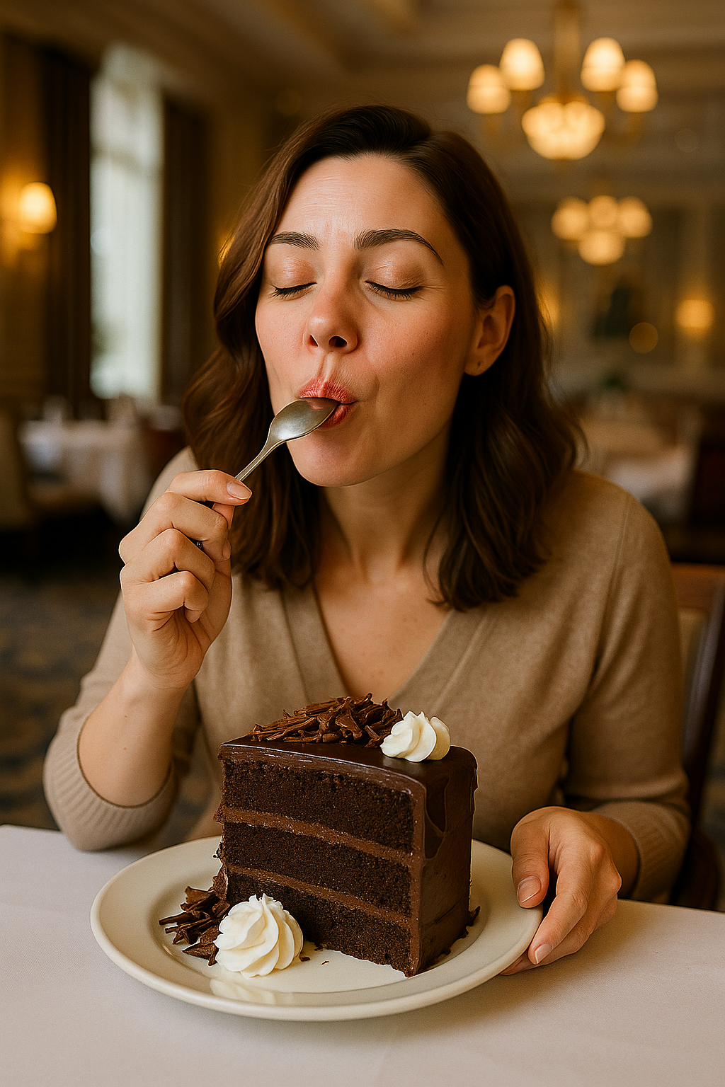 Una mujer disfrutando de un enorme trozo de pastel de chocolate | Fuente: DALL-E