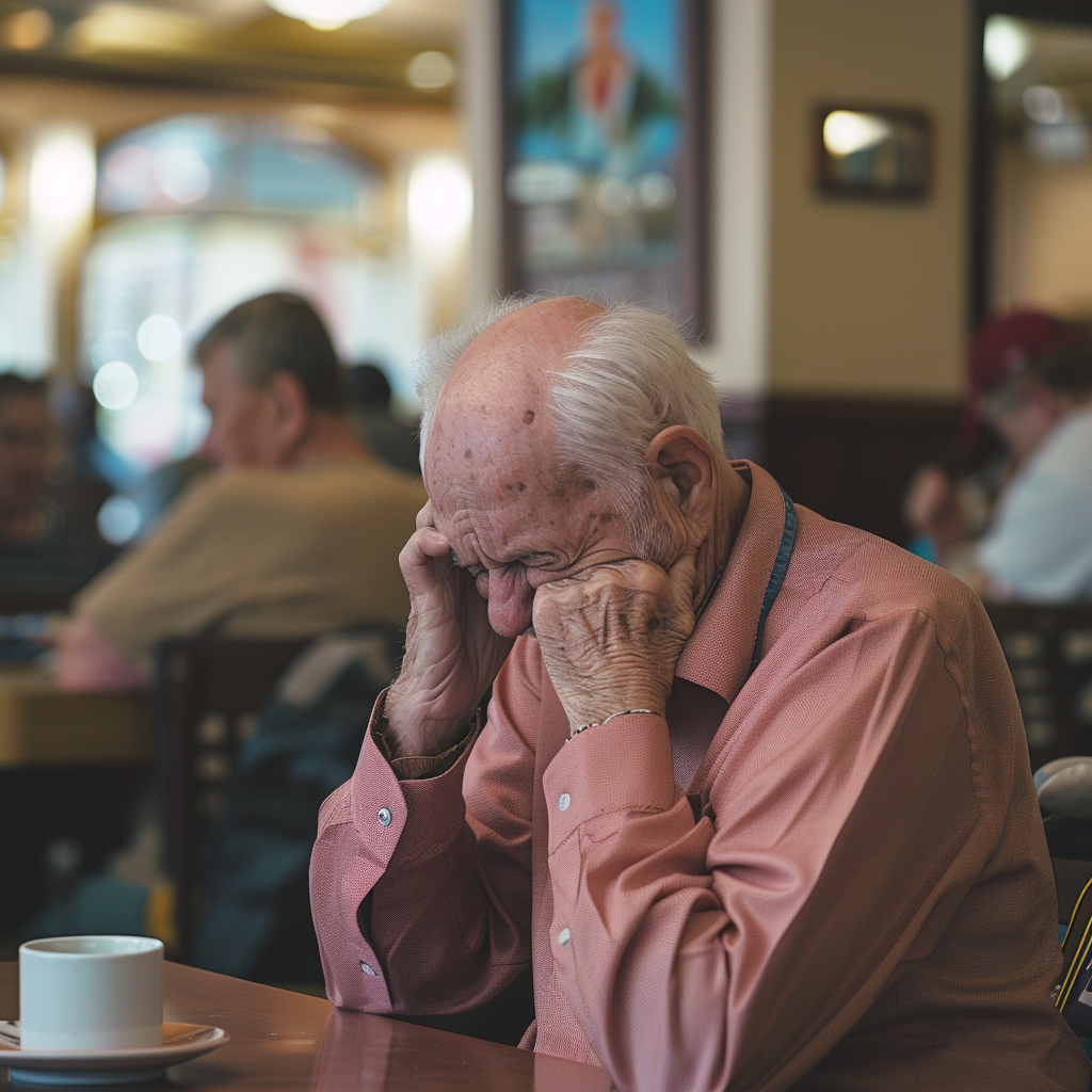 Un anciano llora sentado en la cafetería de una residencia | Fuente: Midjourney