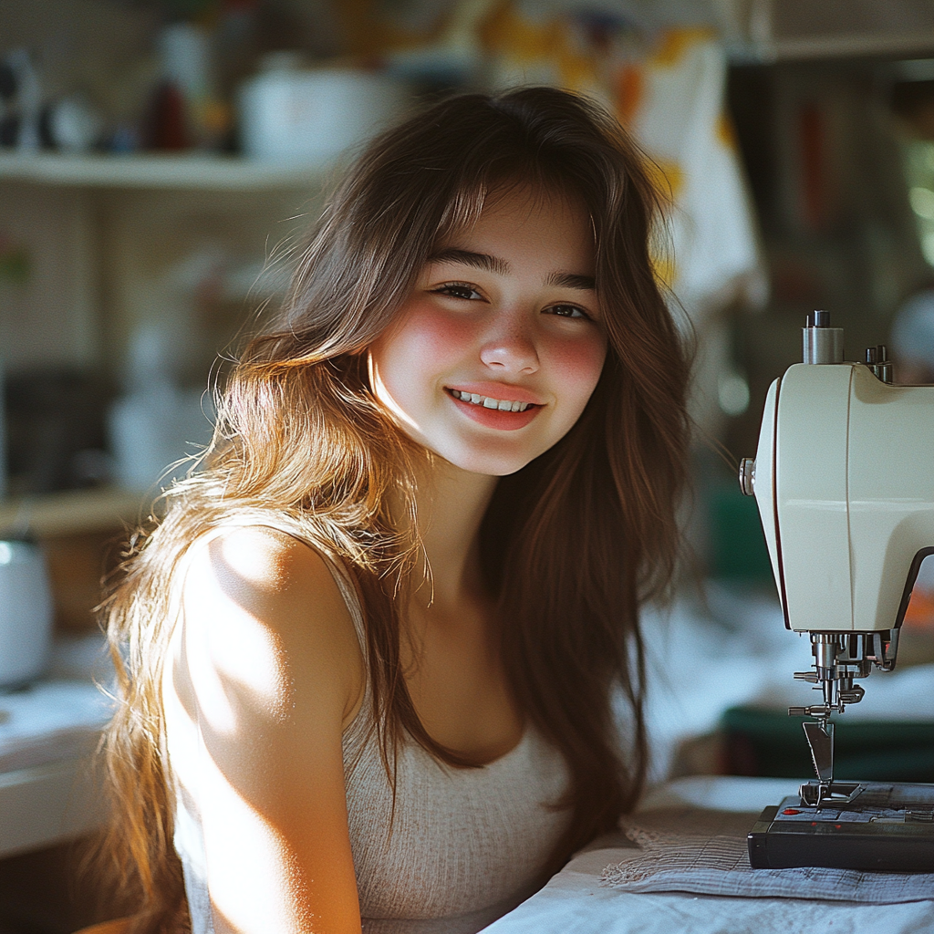 Una niña feliz con su máquina de coser | Fuente: Midjourney