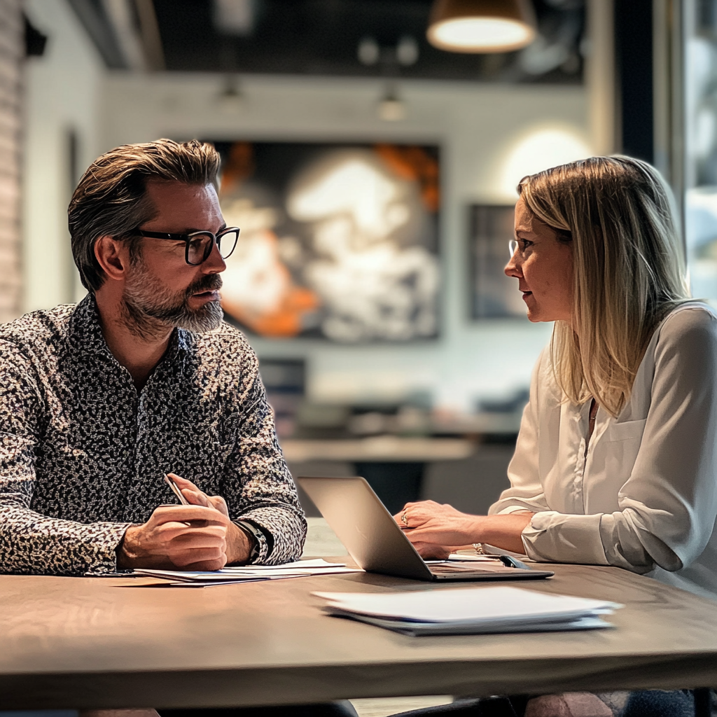 Un hombre y una mujer en una reunión | Fuente: Midjourney