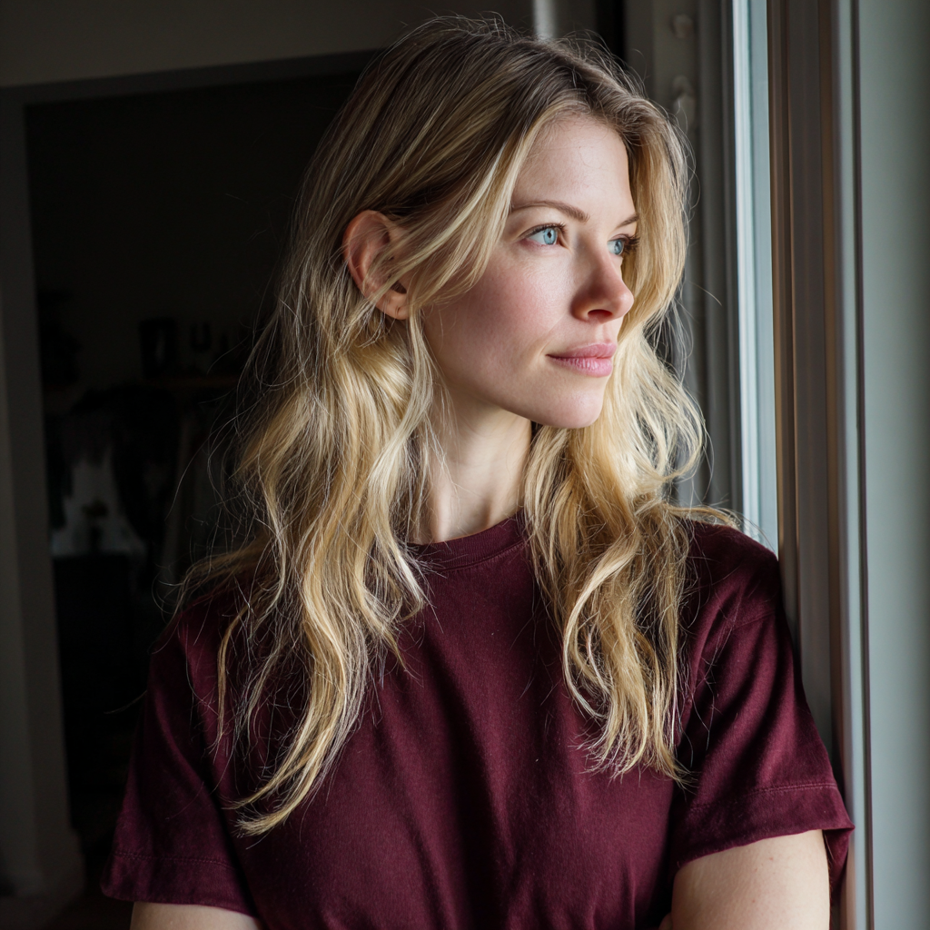 Una donna che guarda fuori da una finestra | Fonte: Midjourney