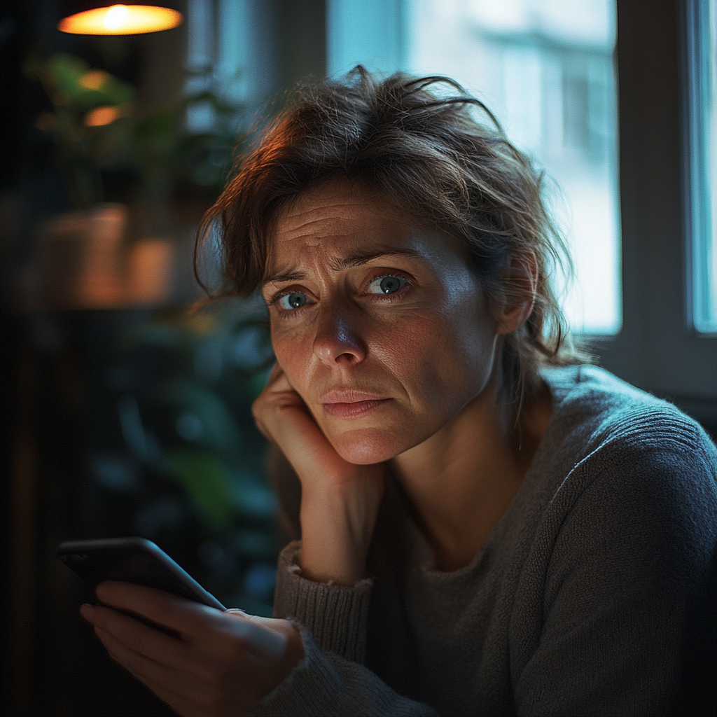 Una mujer agitada sujetando su teléfono mientras piensa | Fuente: Midjourney