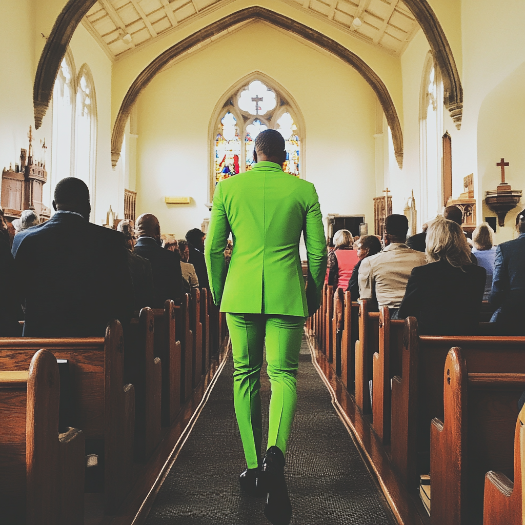 Un hombre con un traje verde brillante | Fuente: Midjourney