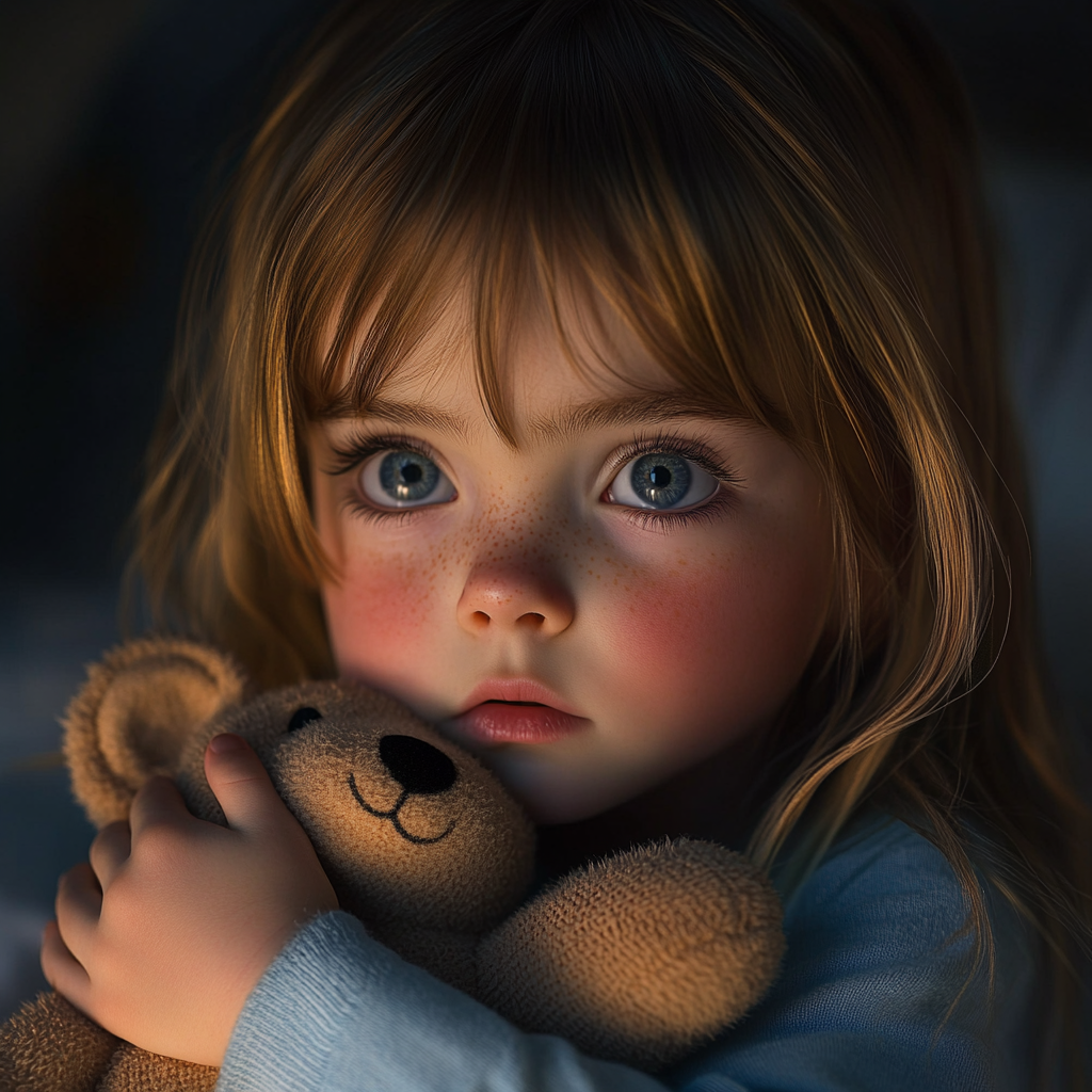 Una bambina con in braccio il suo orsacchiotto di peluche | Fonte: Midjourney