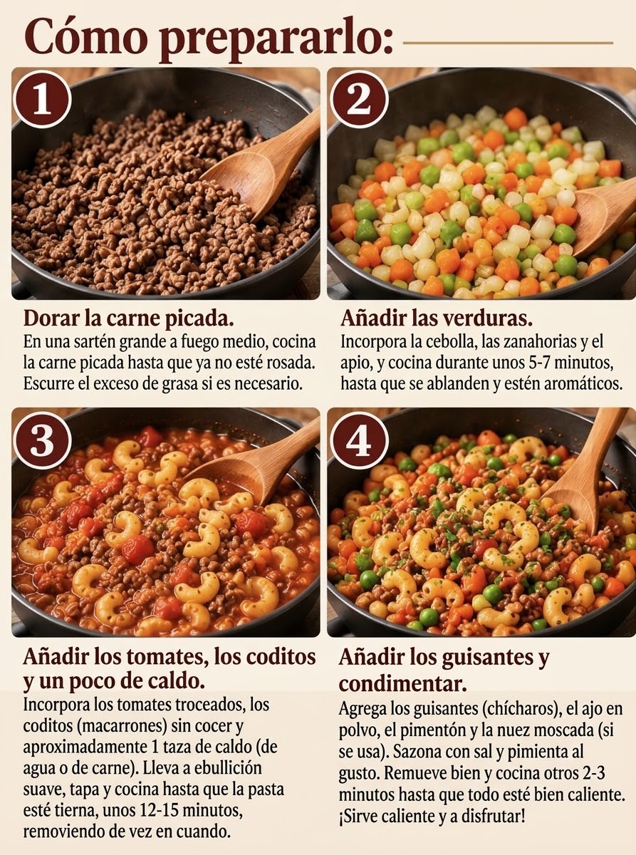 Esta guía de cuatro pasos te enseña cómo convertir ingredientes sencillos en una cena familiar sustanciosa. Todo se prepara en una sola sartén: primero se cocinan los macarrones a fuego lento en la salsa de tomate y luego se añaden los guisantes y los condimentos. | Fuente: Ilustración generada por IA.