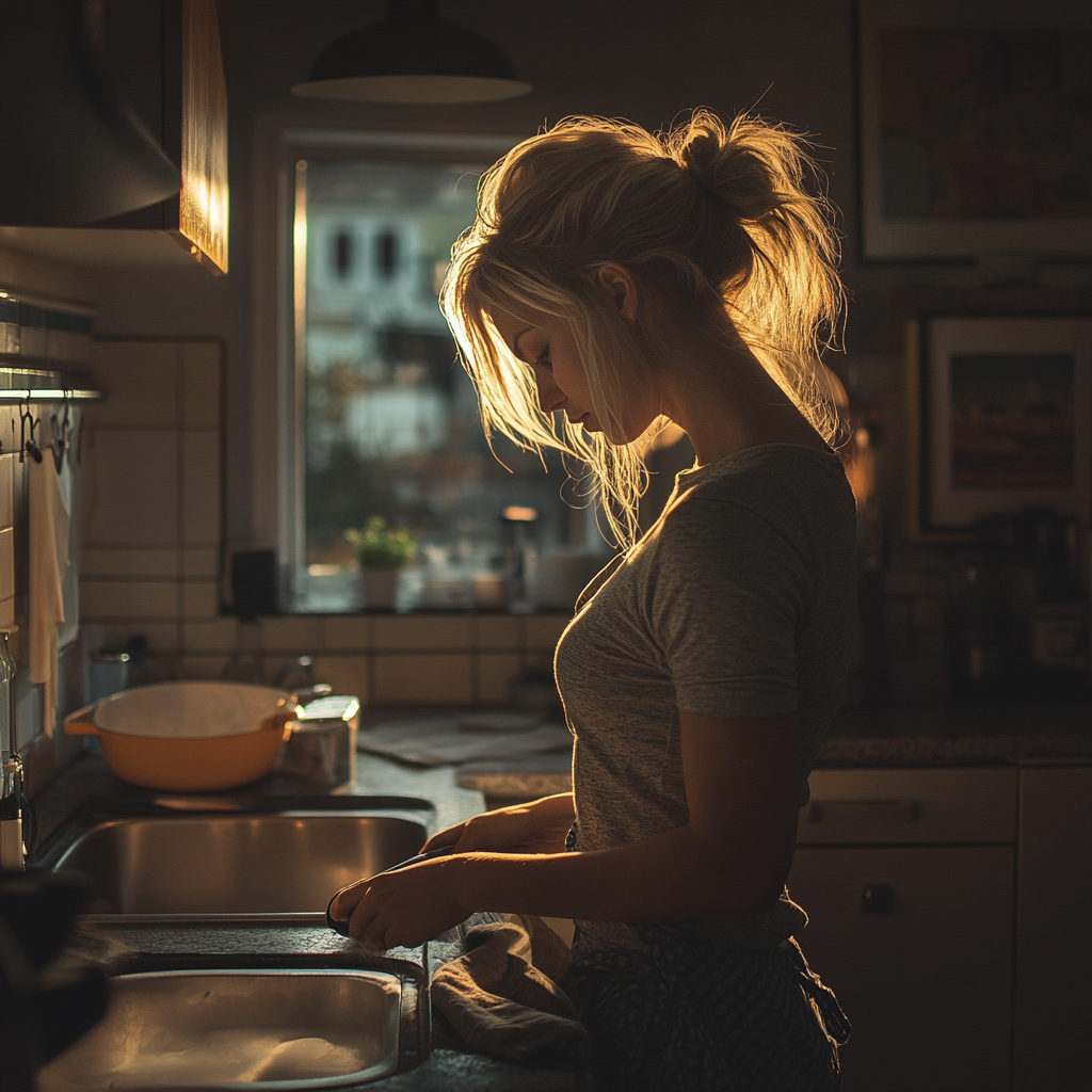 Una mujer limpiando su cocina | Fuente: Midjourney