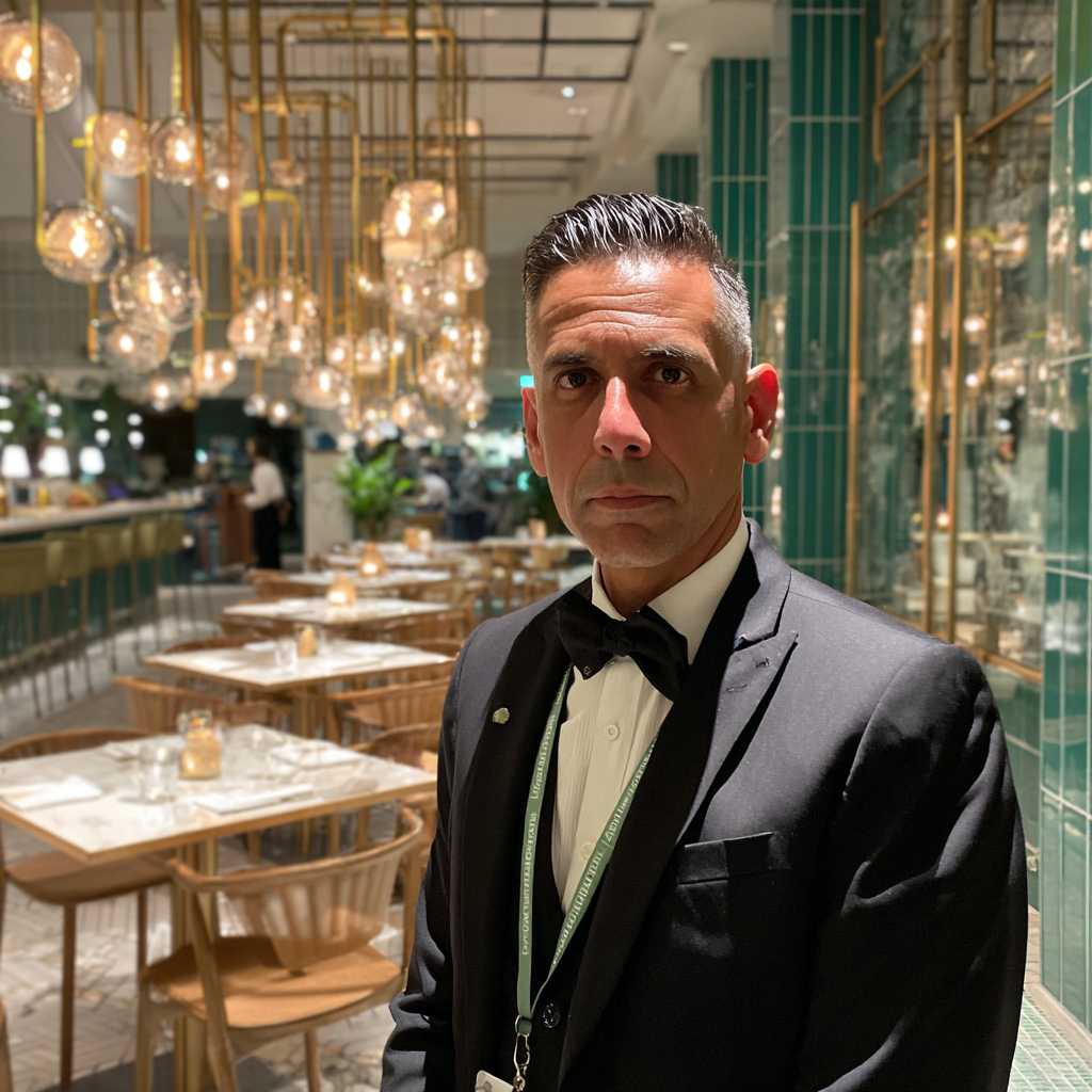 Un direttore di ristorante che indossa un abito nero | Fonte: Midjourney