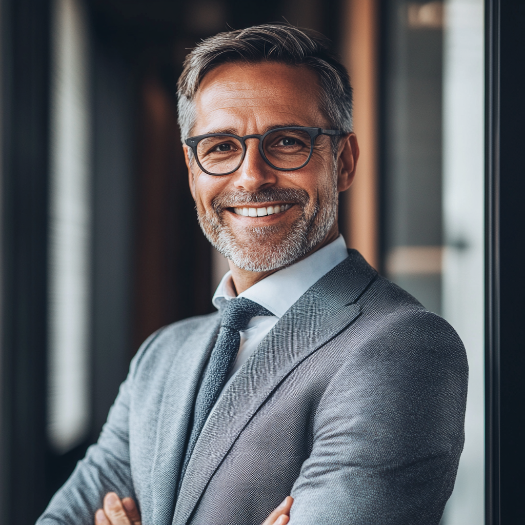 Un hombre sonriente vestido de traje | Fuente: Midjourney