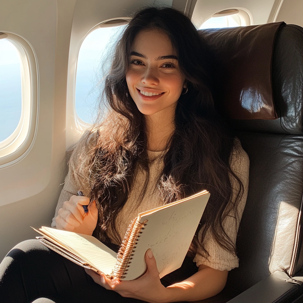 Una mujer sonriente sentada en un avión | Fuente: Midjourney