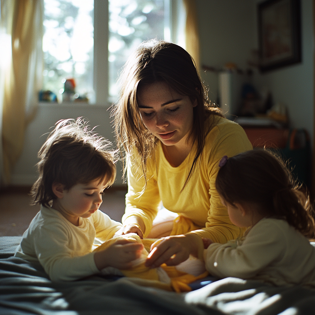 Una mujer mantiene ocupados a sus hijos | Fuente: Midjourney