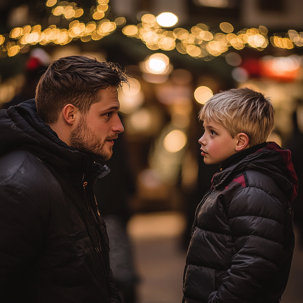 Un hombre sonriente hablando con un niño | Fuente: Midjourney