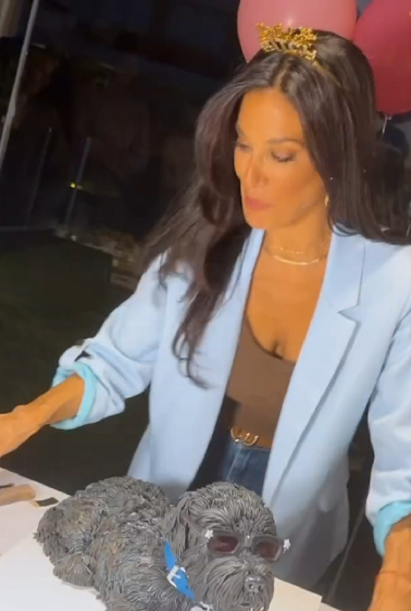 Silvina Escudero frente a la torta réplica de su perro en su cumpleaños número 43 | Fuente: Instagram/escuderosilvina
