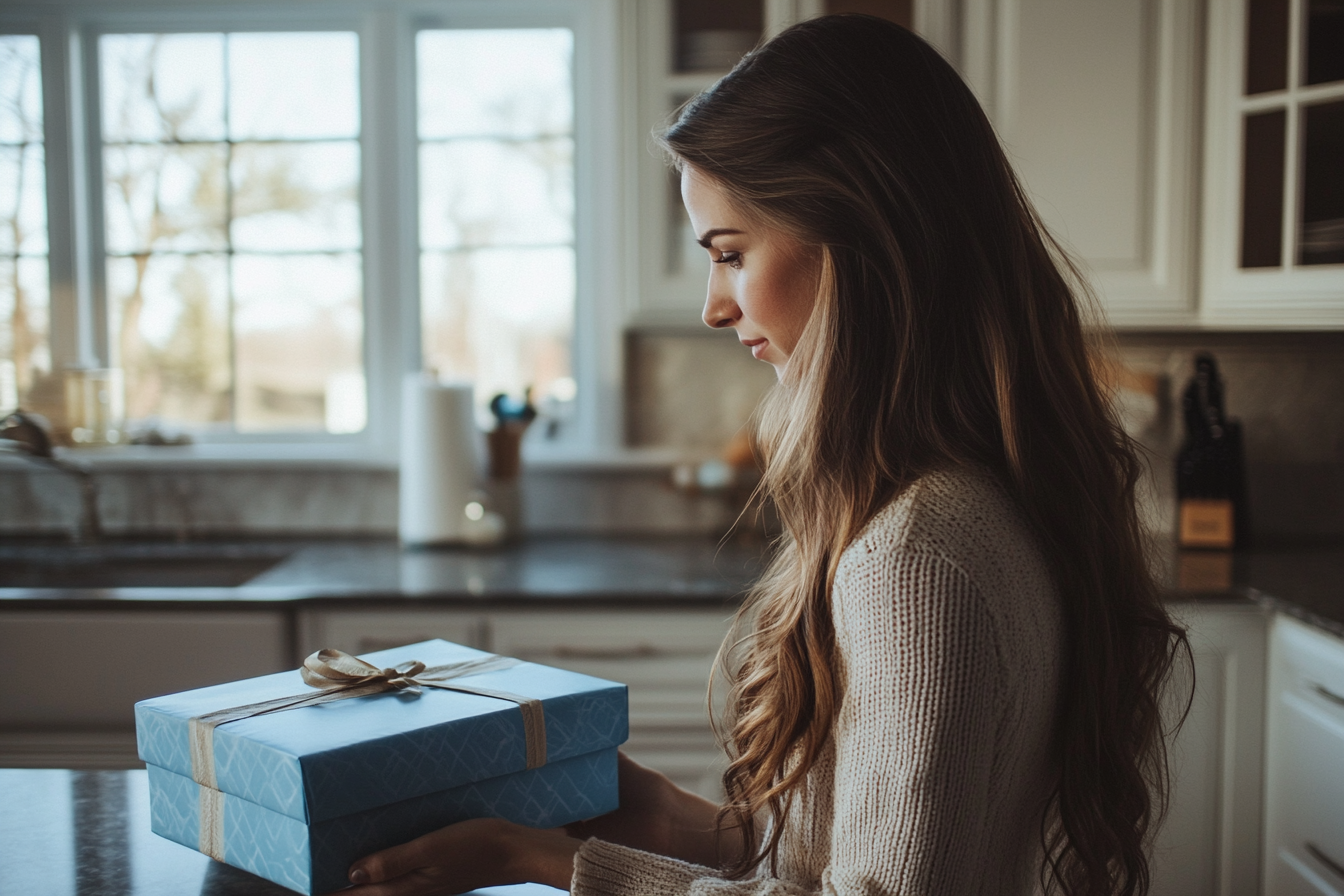 Una mujer con una caja de regalo azul | Fuente: Midjourney