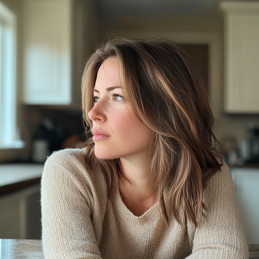 Una mujer sentada en la encimera de la cocina | Fuente: Midjourney