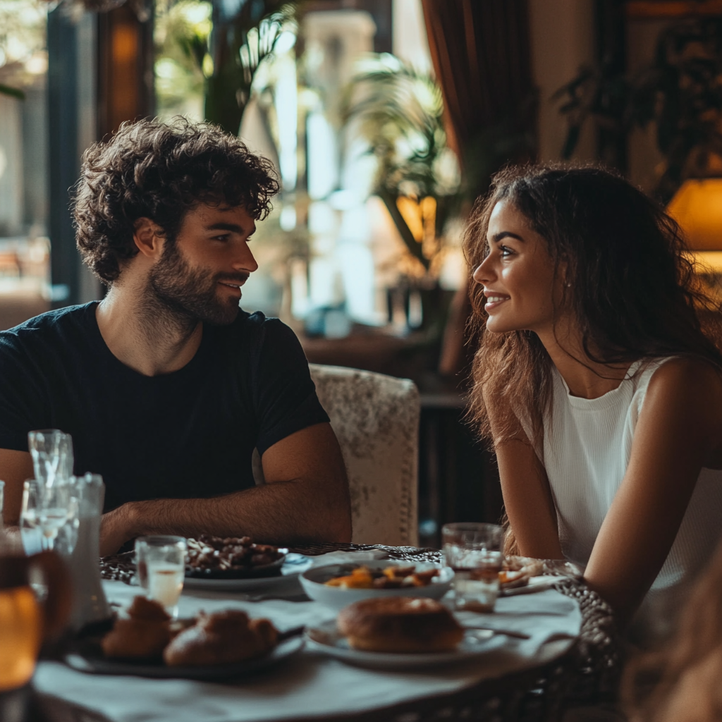 Pareja feliz disfrutando del desayuno en su casa | Fuente: Midjourney