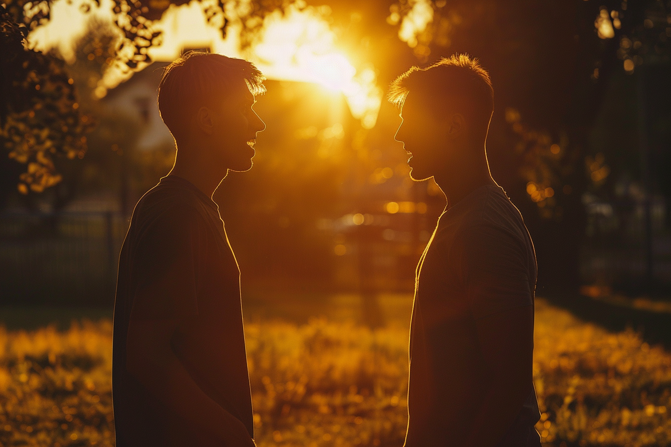 Silueta de dos hombres al aire libre frente a frente | Fuente: Midjourney