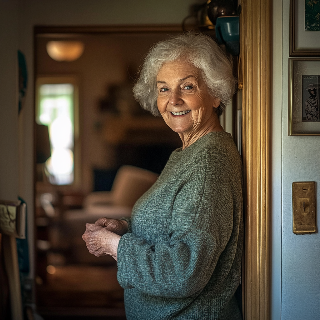 Una anciana sonriente junto a la puerta y mirando a alguien | Fuente: Midjourney