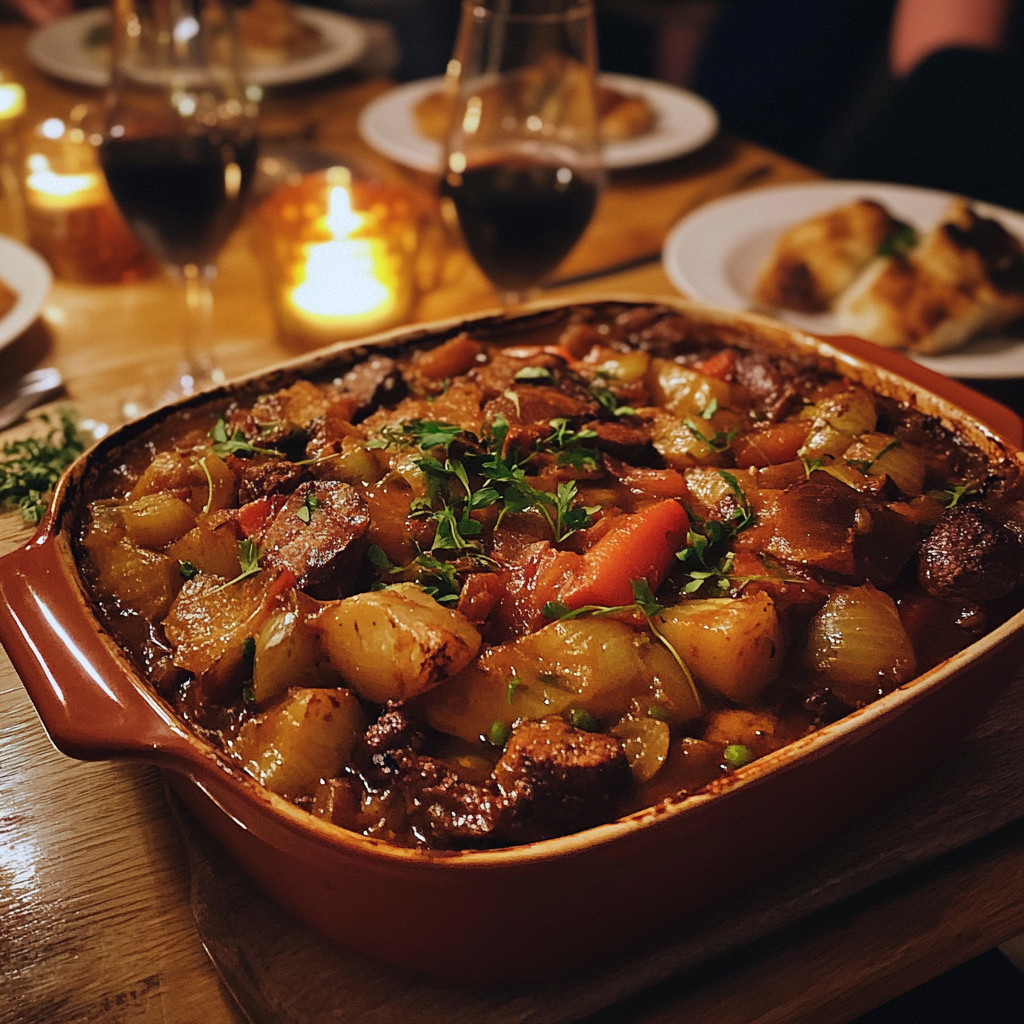 Una cazuela de cocido sobre una mesa | Fuente: Midjourney