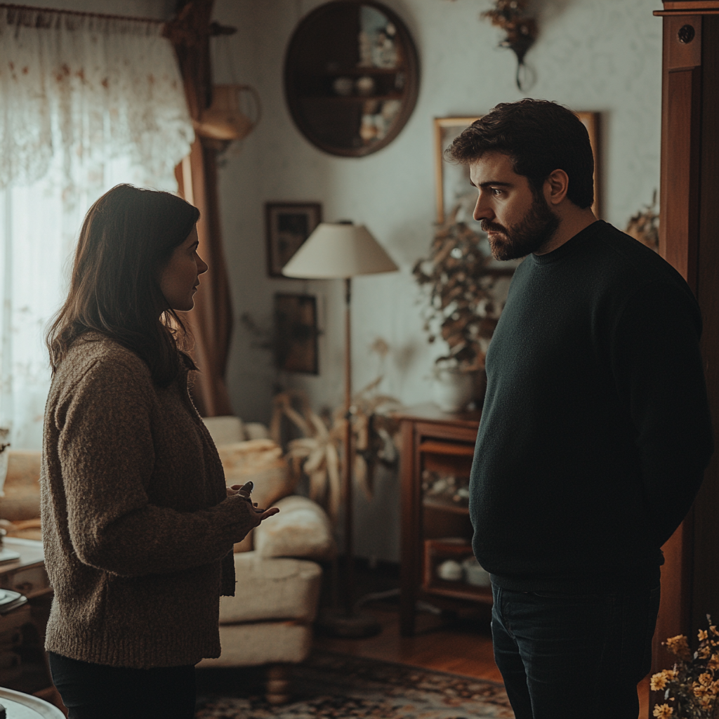 Una pareja seria hablando en su salón | Fuente: Midjourney