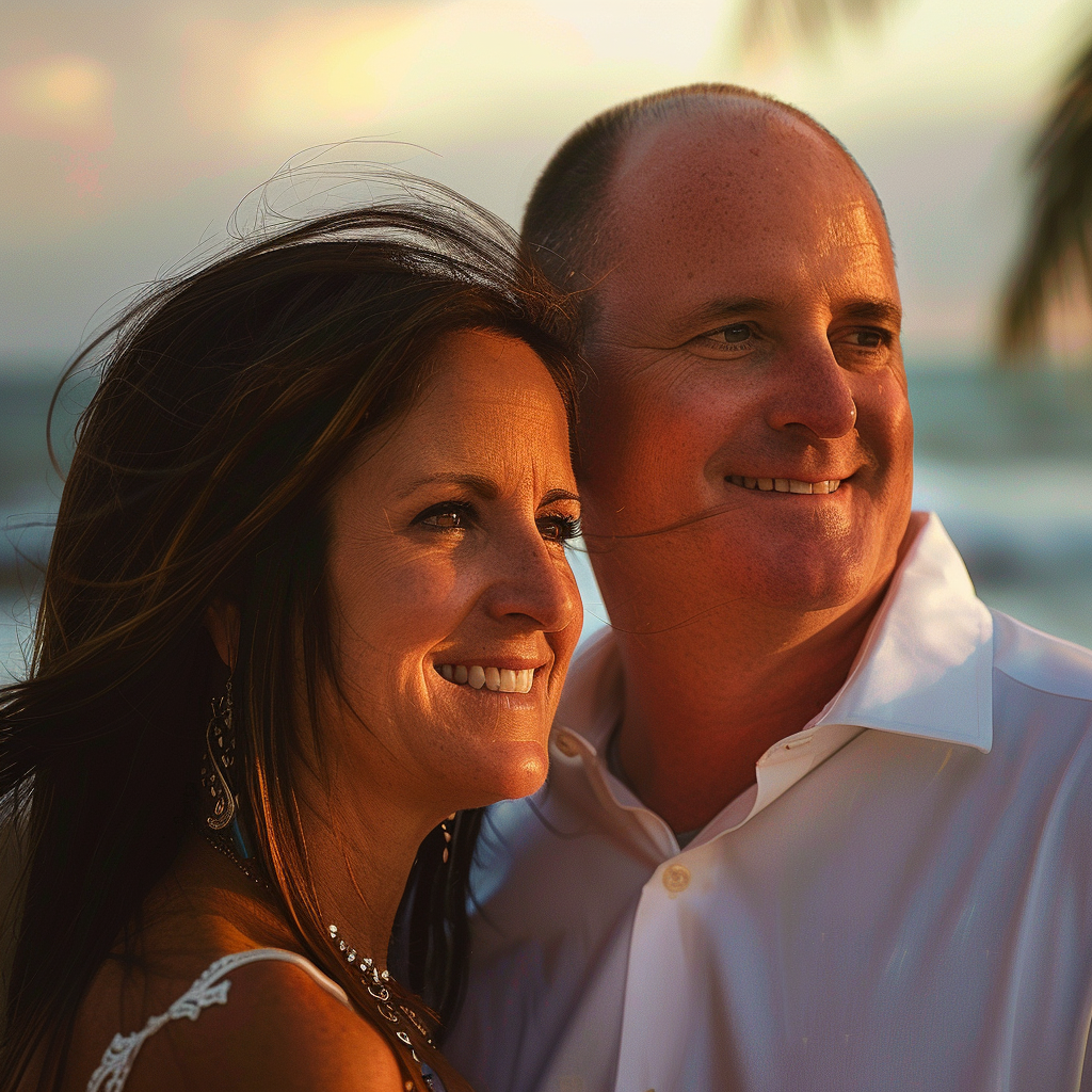 Primer plano de una pareja feliz sonriendo en la playa | Fuente: Midjourney