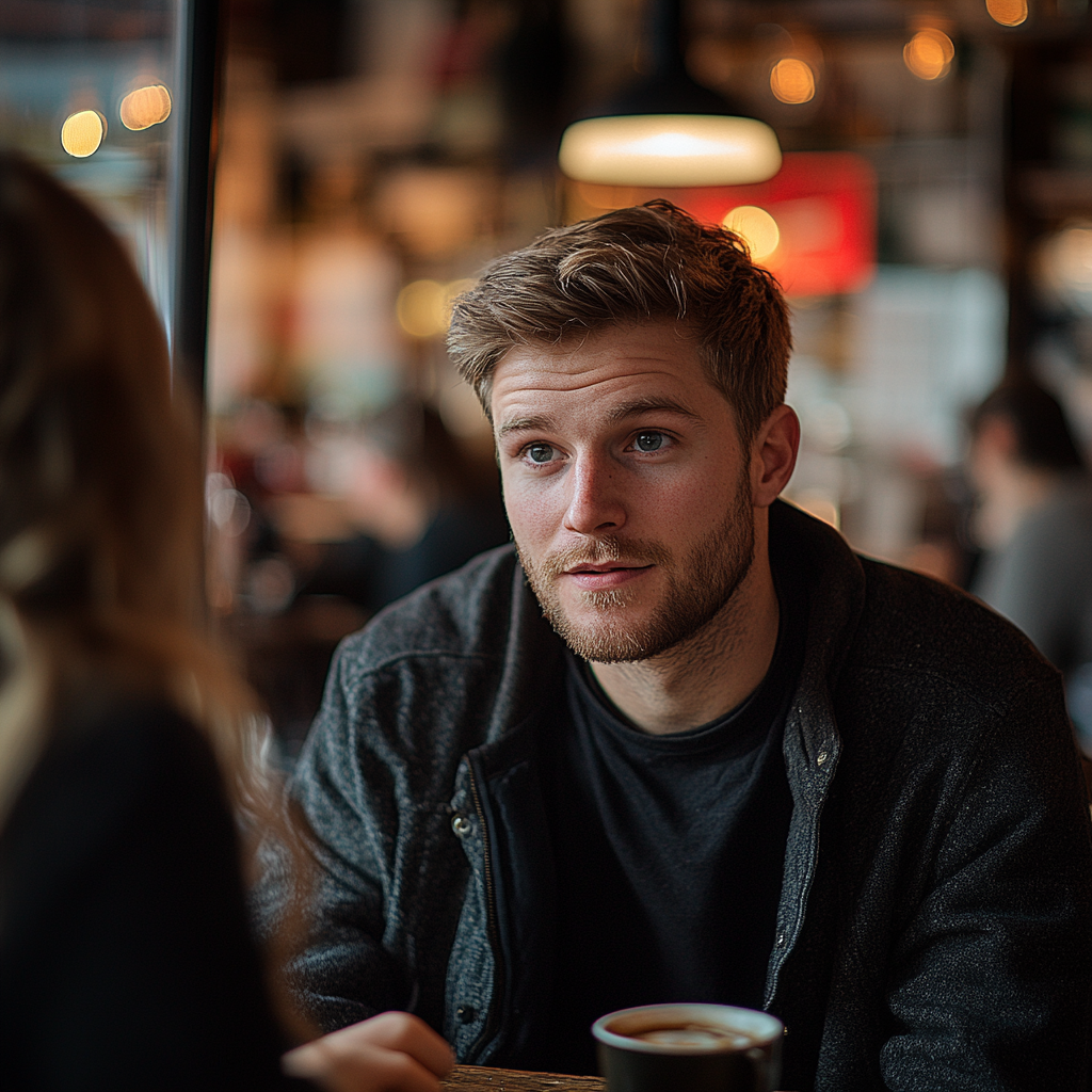 Un hombre hablando con una amiga en un café | Fuente: Midjourney