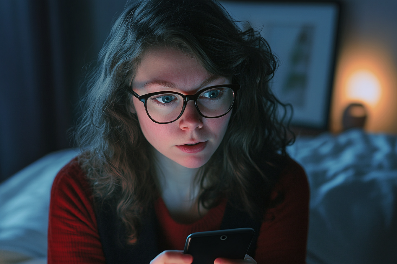 Una mujer desvía la mirada del teléfono que tiene en las manos | Fuente: Midjourney