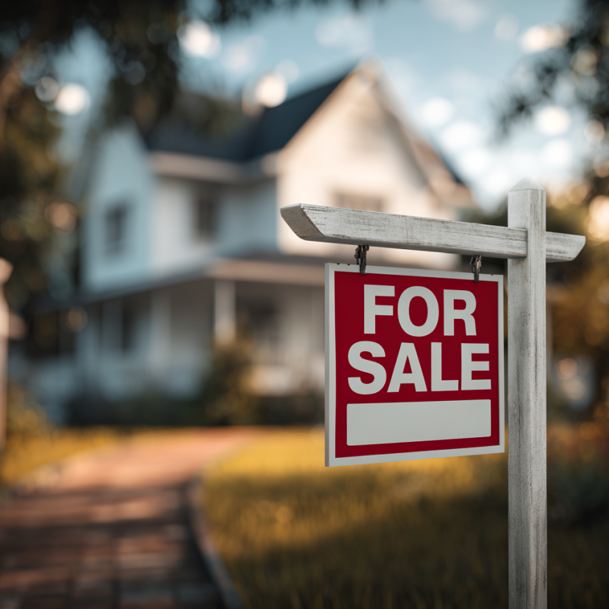 Un cartel de «Se vende» delante de una casa | Fuente: Midjourney