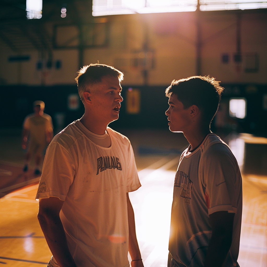 El entrenador Daniels regañando a Ethan en el entrenamiento de baloncesto | Fuente: Midjourney