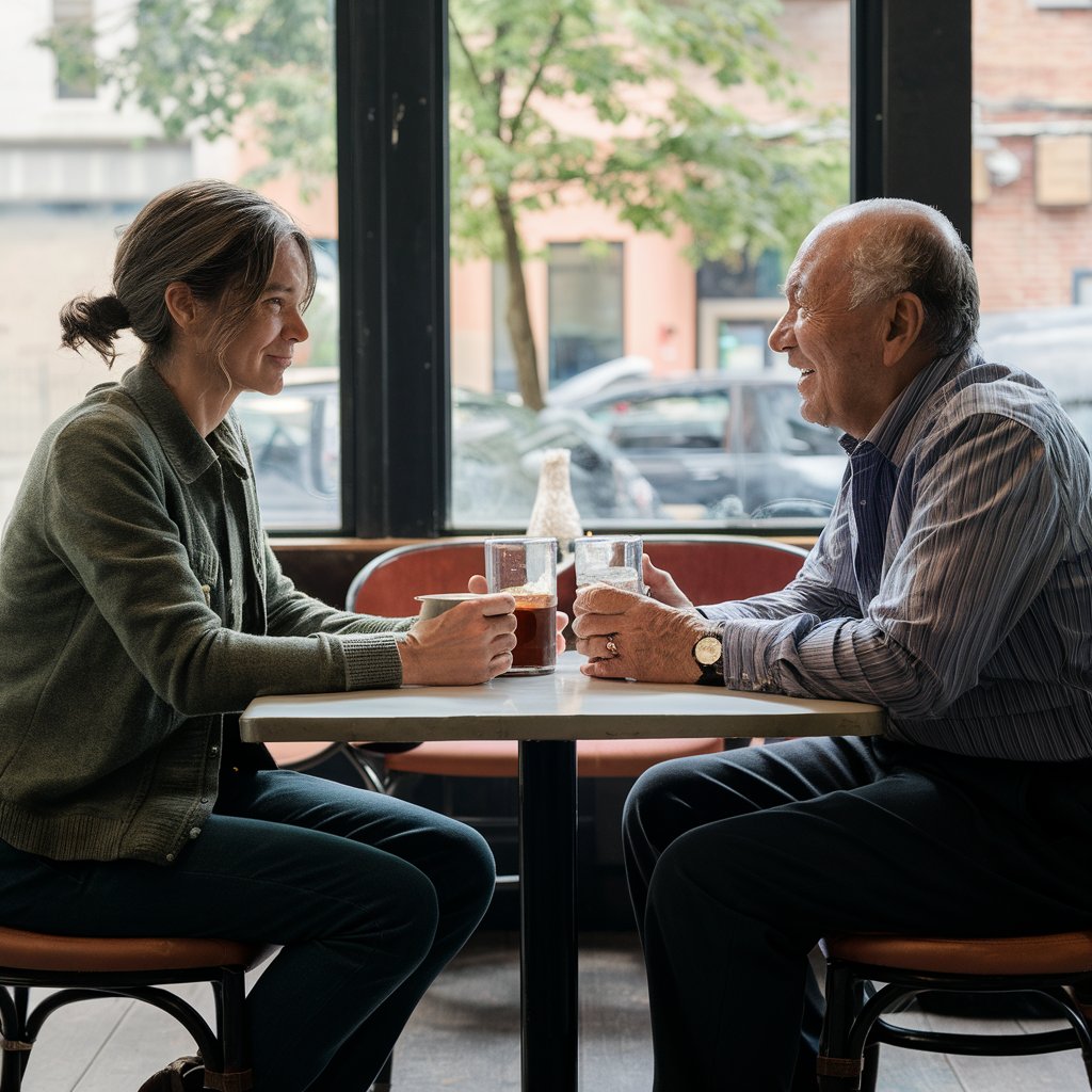 Una mujer y un hombre disfrutando de una cita para tomar un café | Fuente: Midjourney