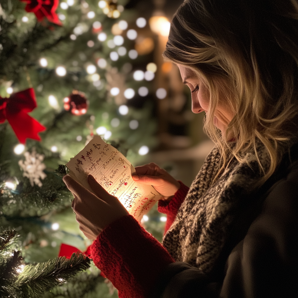 Mujer leyendo una nota junto a un árbol de Navidad | Fuente: Midjourney