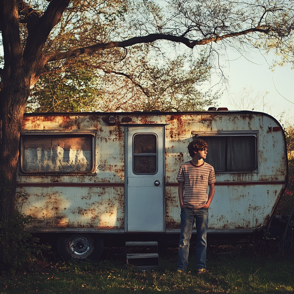 Adolescente frente a una vieja caravana | Fuente: Midjourney