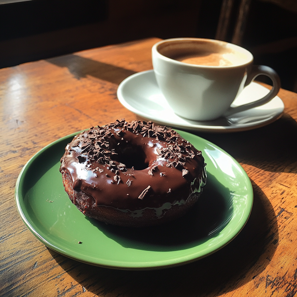 Un donut de chocolate y una taza de café | Fuente: Midjourney