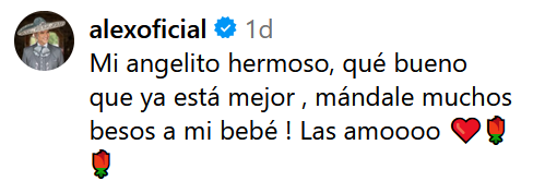 Comentario de Alejandro Fernández en la publicación de su hijo Alex sobre el estado de su nieta. | Fuente: Instagram/alexfernandez.g