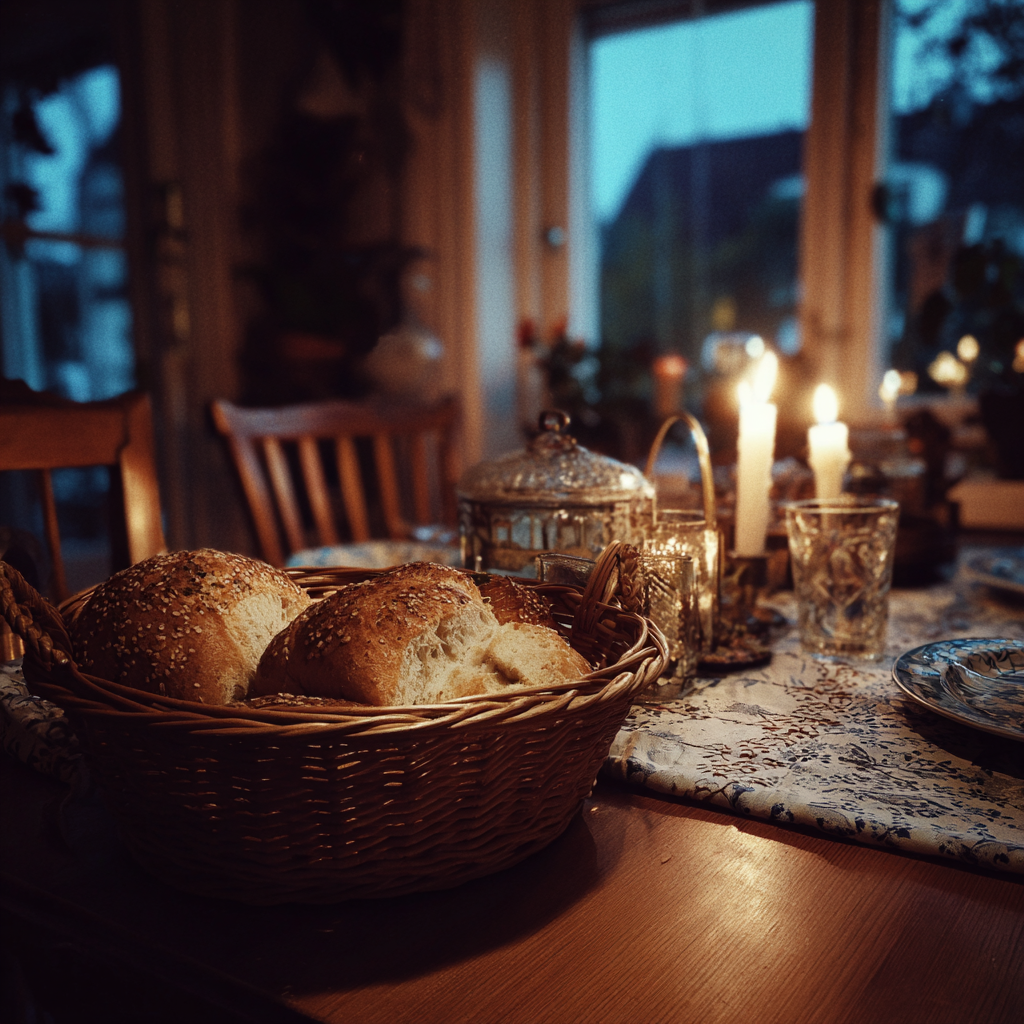Una cesta de pan en una mesa | Fuente: Midjourney