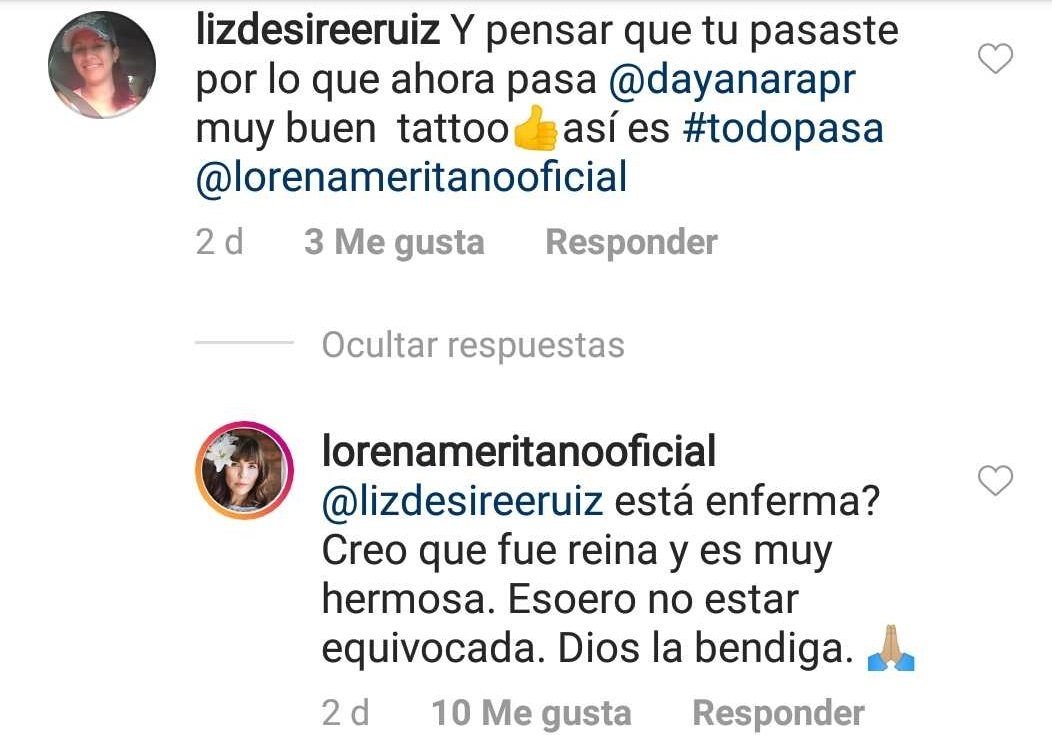 Lorena respondiéndole a un fan, preguntándole detalles sobre Torres. | Imagen: Instagram/ lorenameritanooficial
