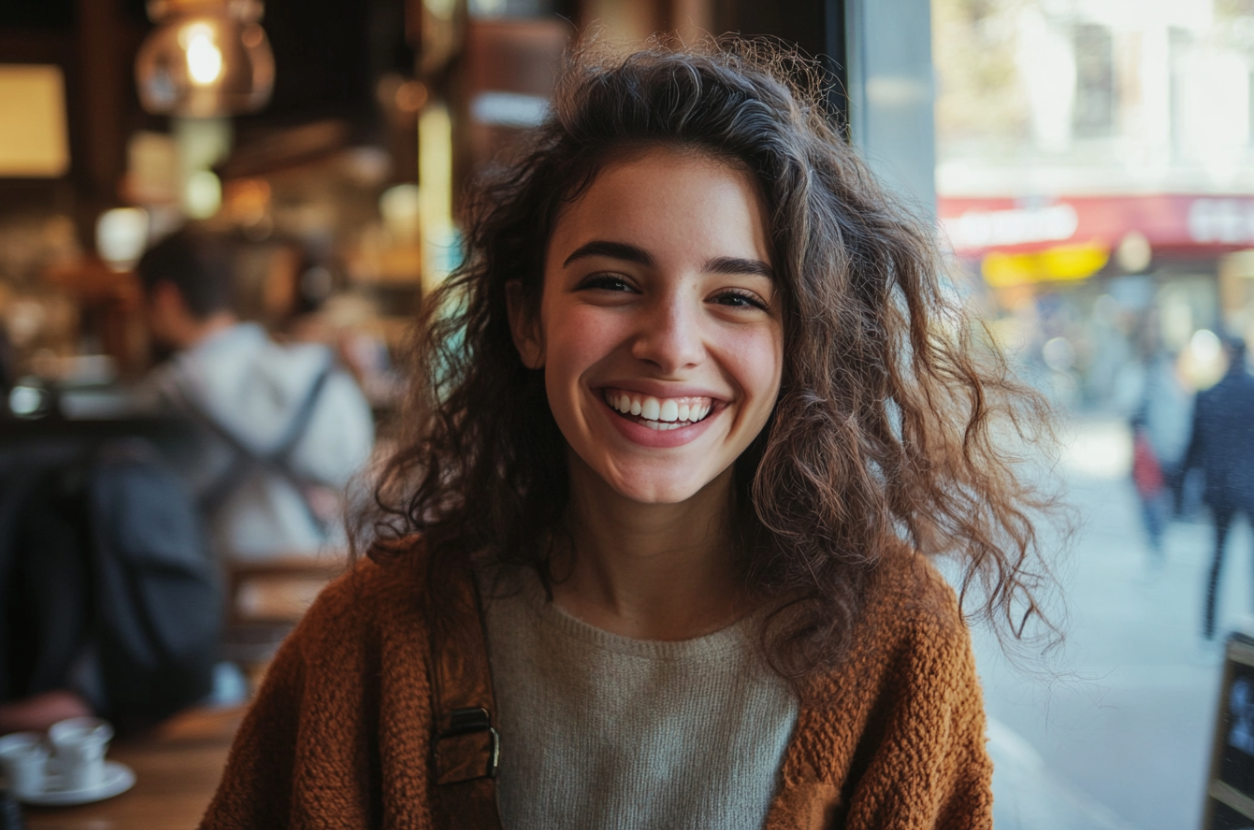 Una mujer sonriente en un café | Fuente: Midjourney