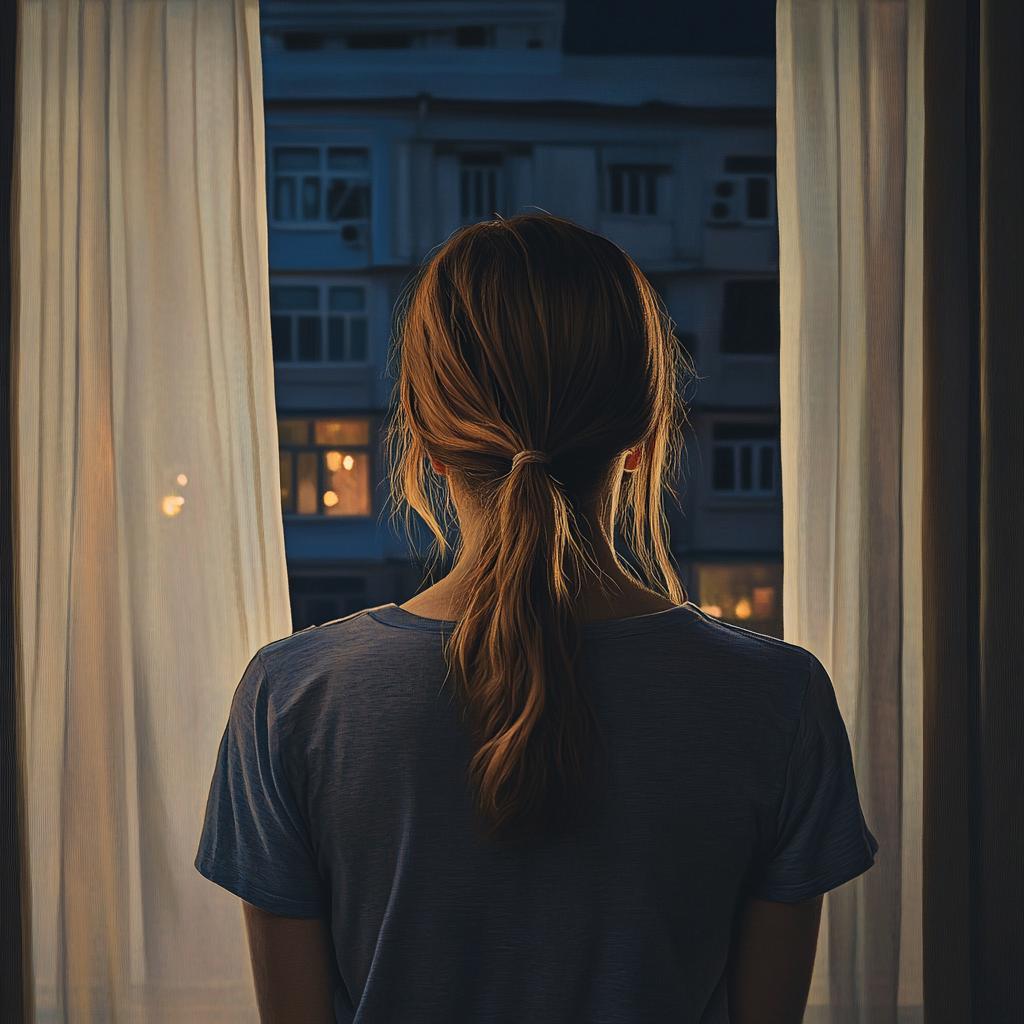 Una mujer mirando por la ventana de su habitación | Fuente: Midjourney