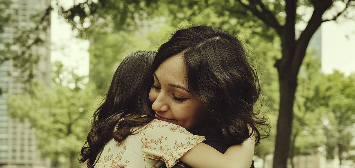 Una mujer abraza a una niña | Fuente: Midjourney