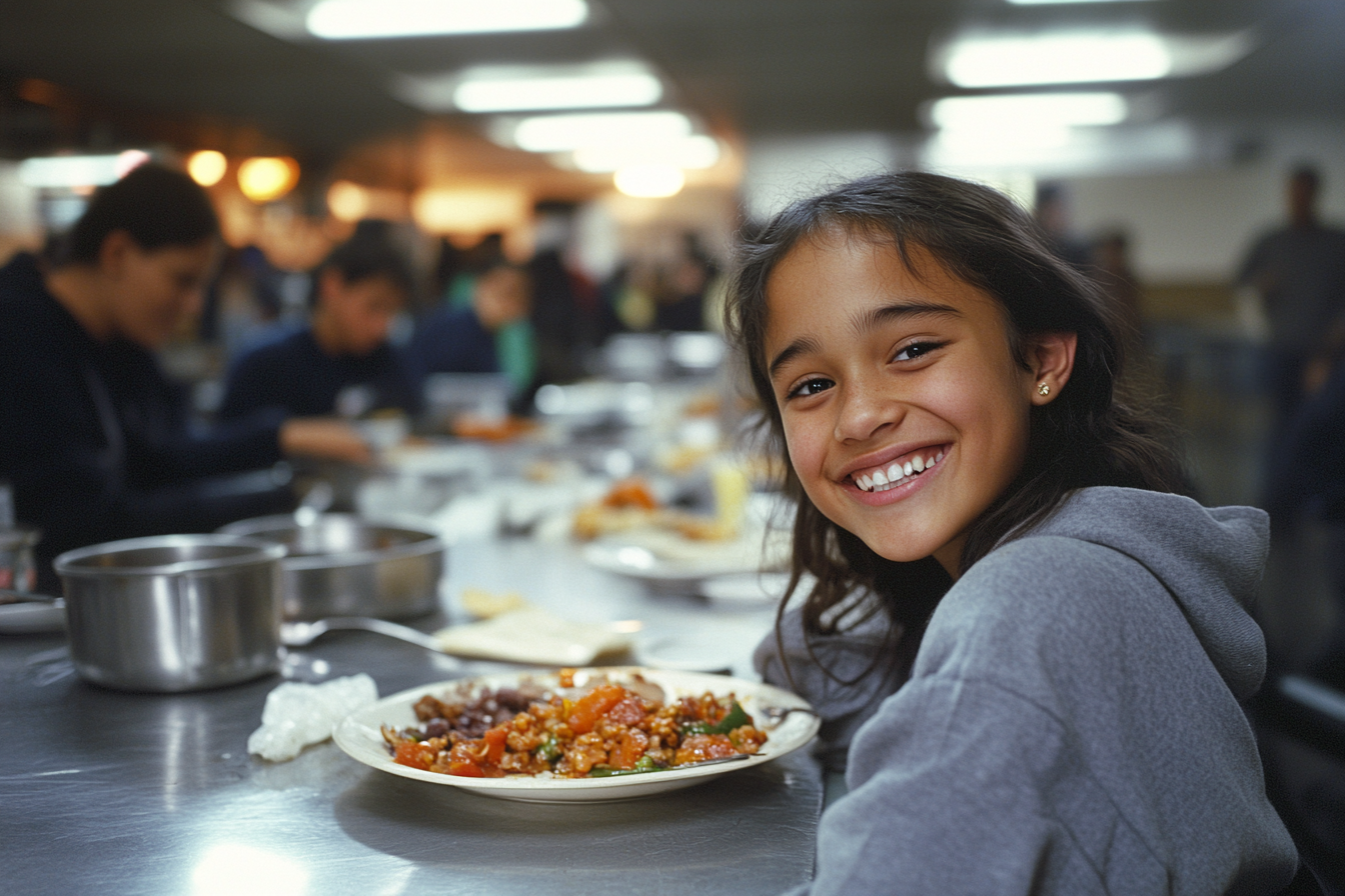 Una adolescente sonriente en un comedor social | Fuente: Midjourney