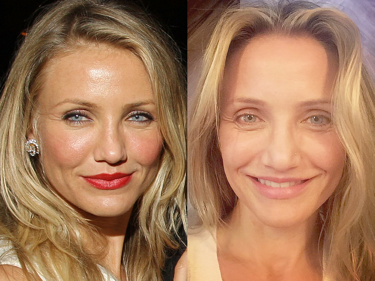 Cameron Diaz con maquillaje vs sin maquillaje | Fuente: Getty Images | Instagram/camerondiaz