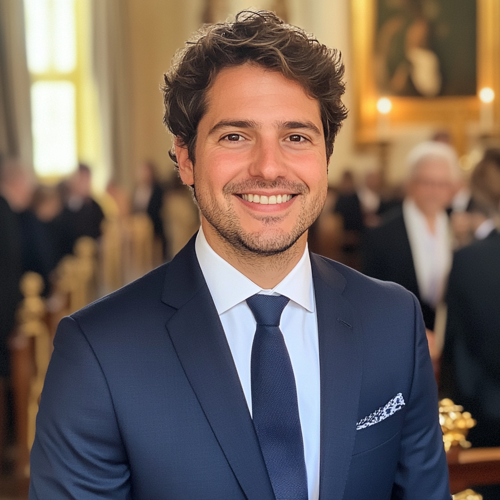 Un hombre sonriente vestido de traje | Fuente: Midjourney